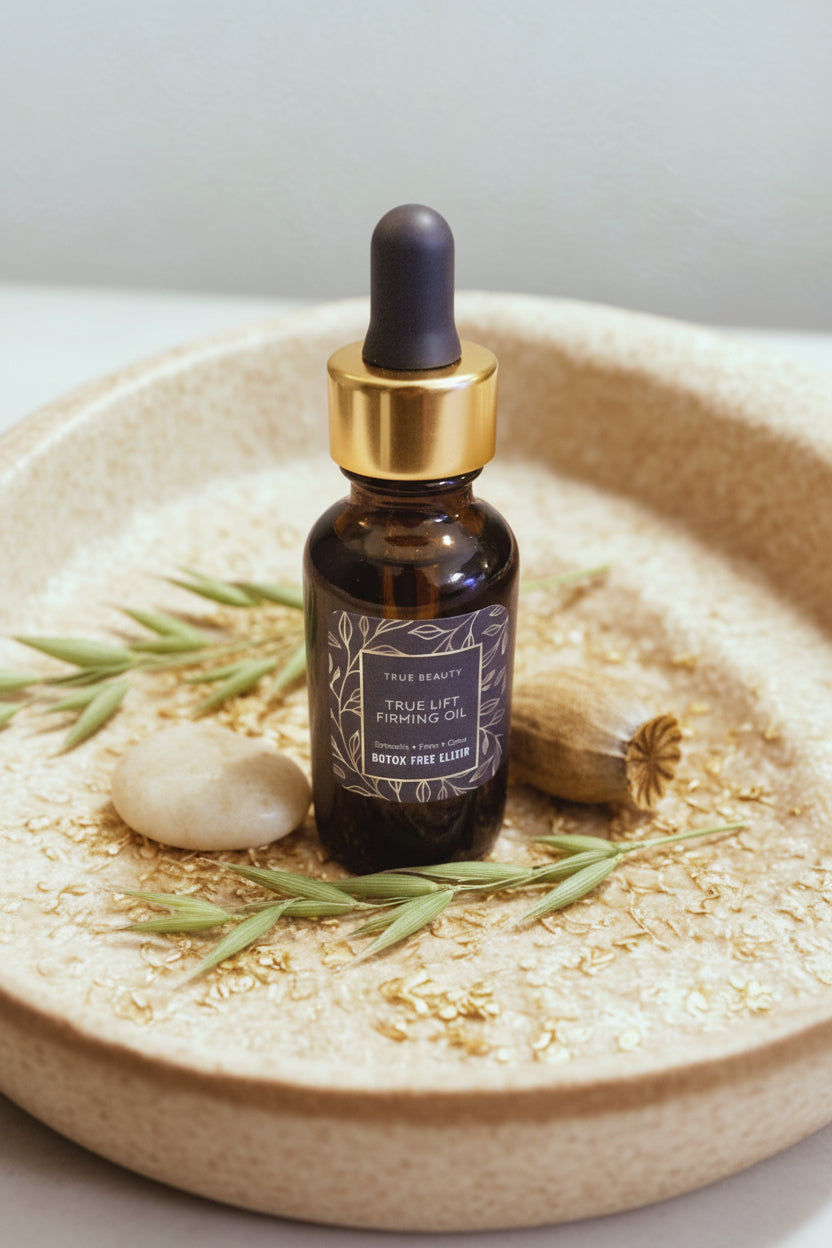 Bottle of True Beauty facial oil on a textured surface with a neutral background